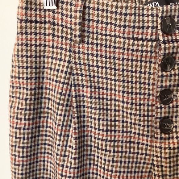 Zara Elastic Waist Button Fly Plaid Trouser Pants - Tan/Rust/Navy/Burgundy - S - Picture 4 of 8